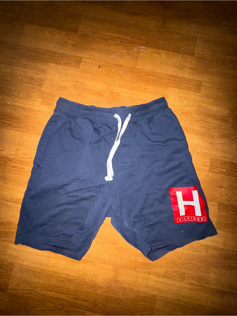 Tommy Hilfiger Navy Athletic Shorts with Red Logo Patch